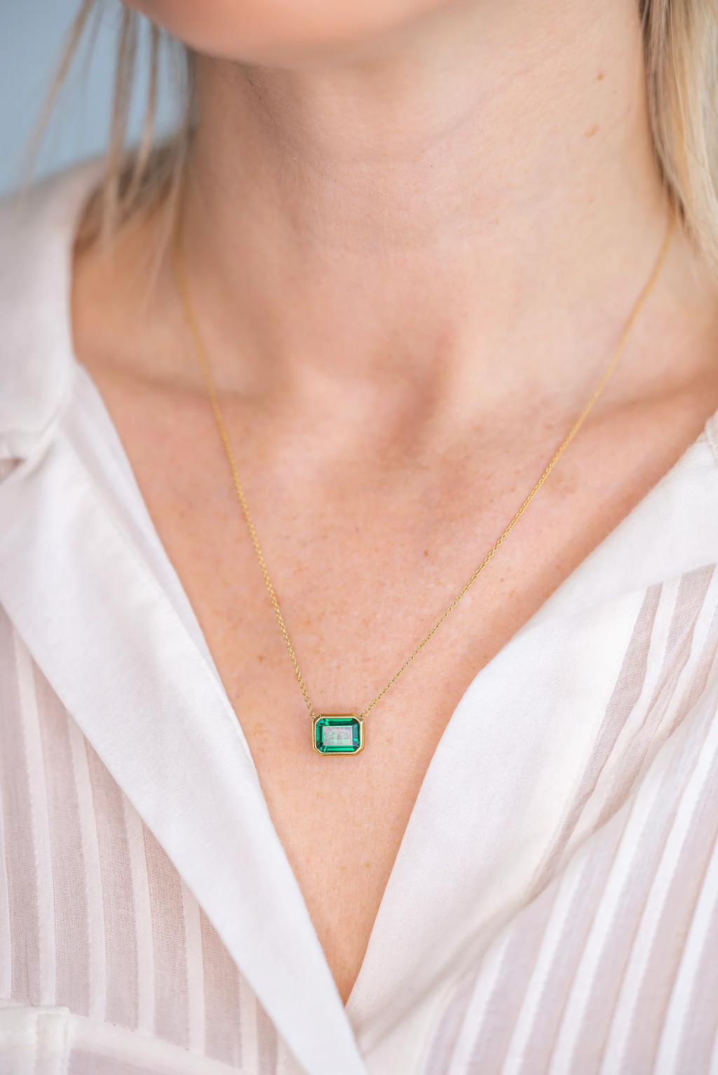 Gabriella Baguette Cut Deep Green Pendant on Fine Gold Chain