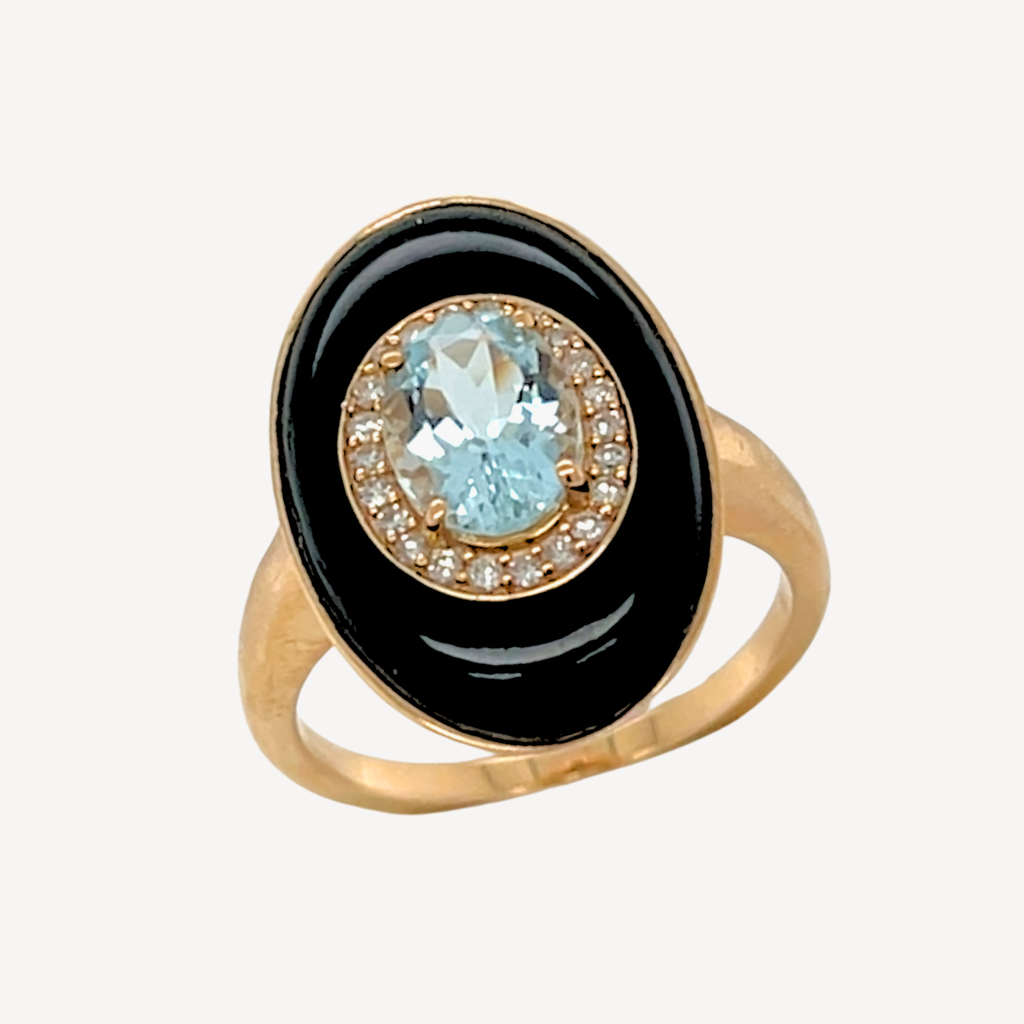 9ct Onyx, Aquamarine & Diamond Ring