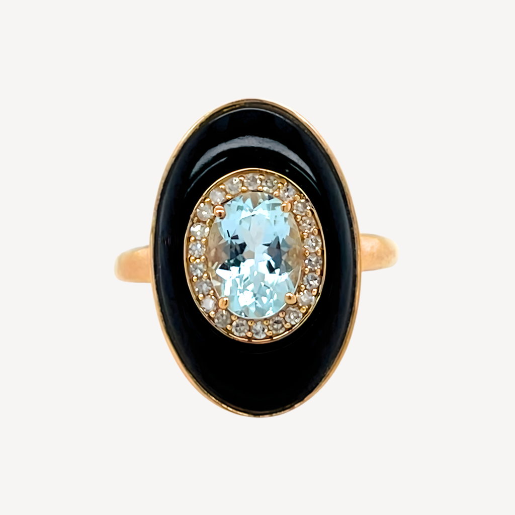 9ct Onyx, Aquamarine & Diamond Ring