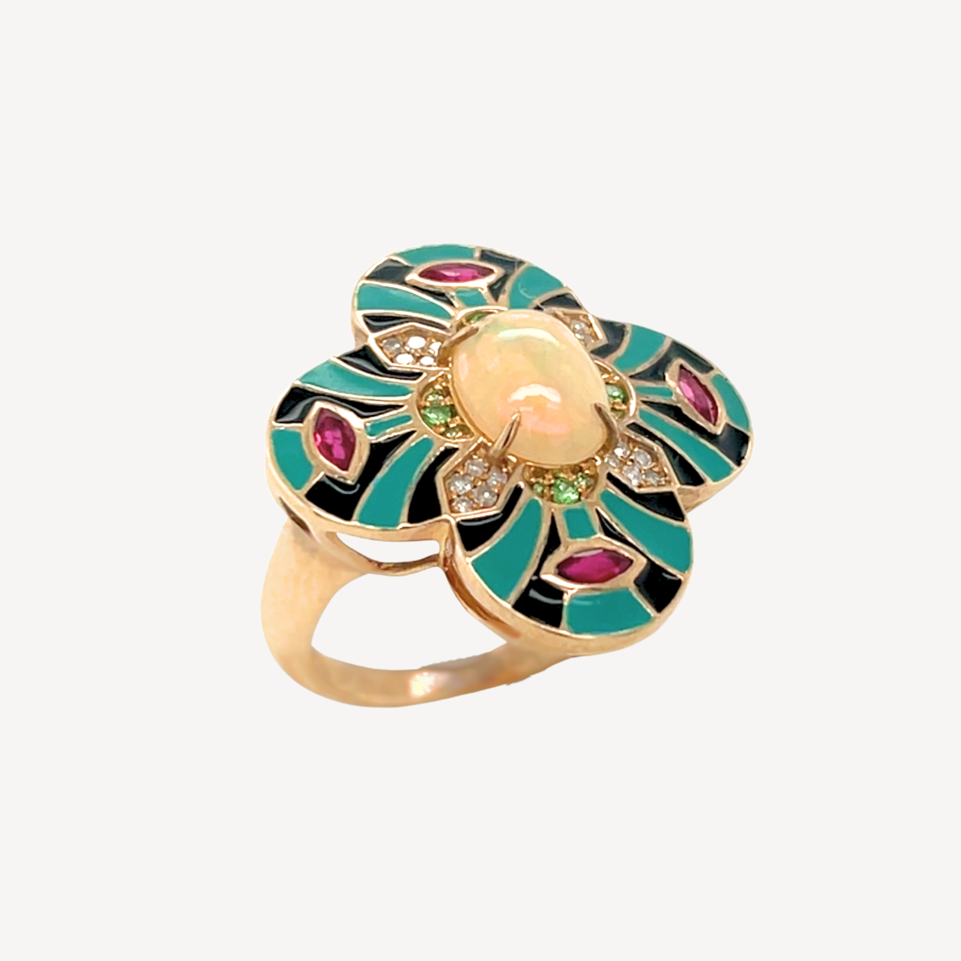 9ct White Opal, Ruby, Tsavorite Garnet, Diamond & Enamel Ring
