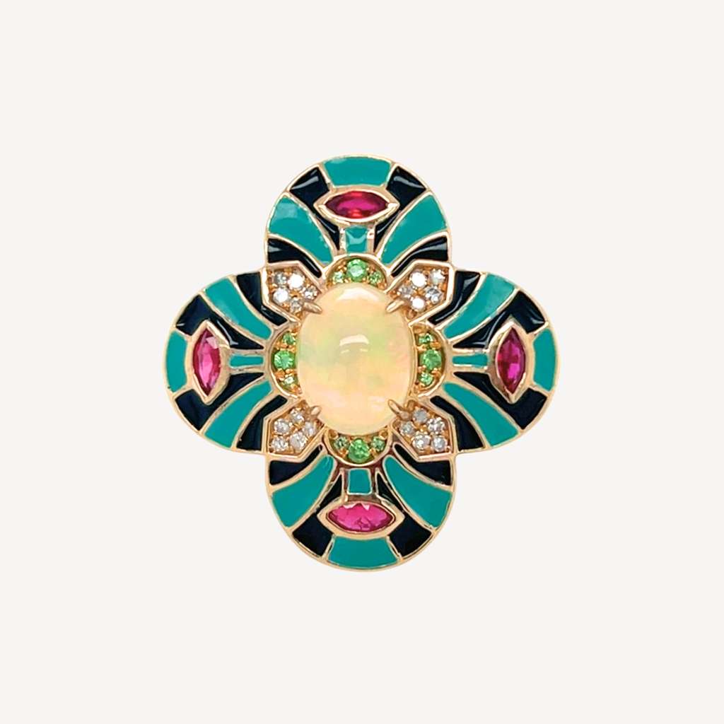 9ct White Opal, Ruby, Tsavorite Garnet, Diamond & Enamel Ring