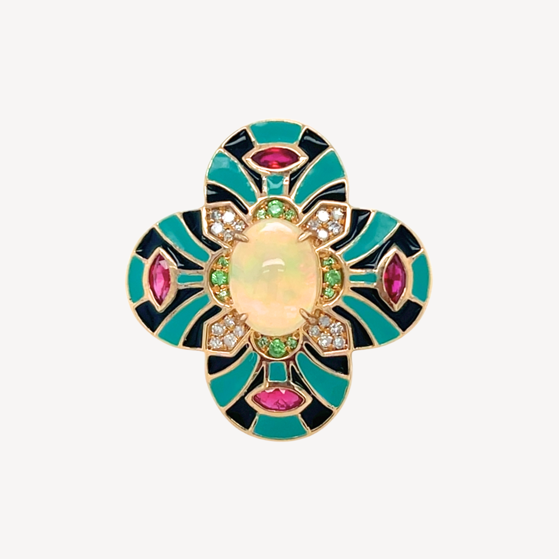 9ct White Opal, Ruby, Tsavorite Garnet, Diamond & Enamel Ring
