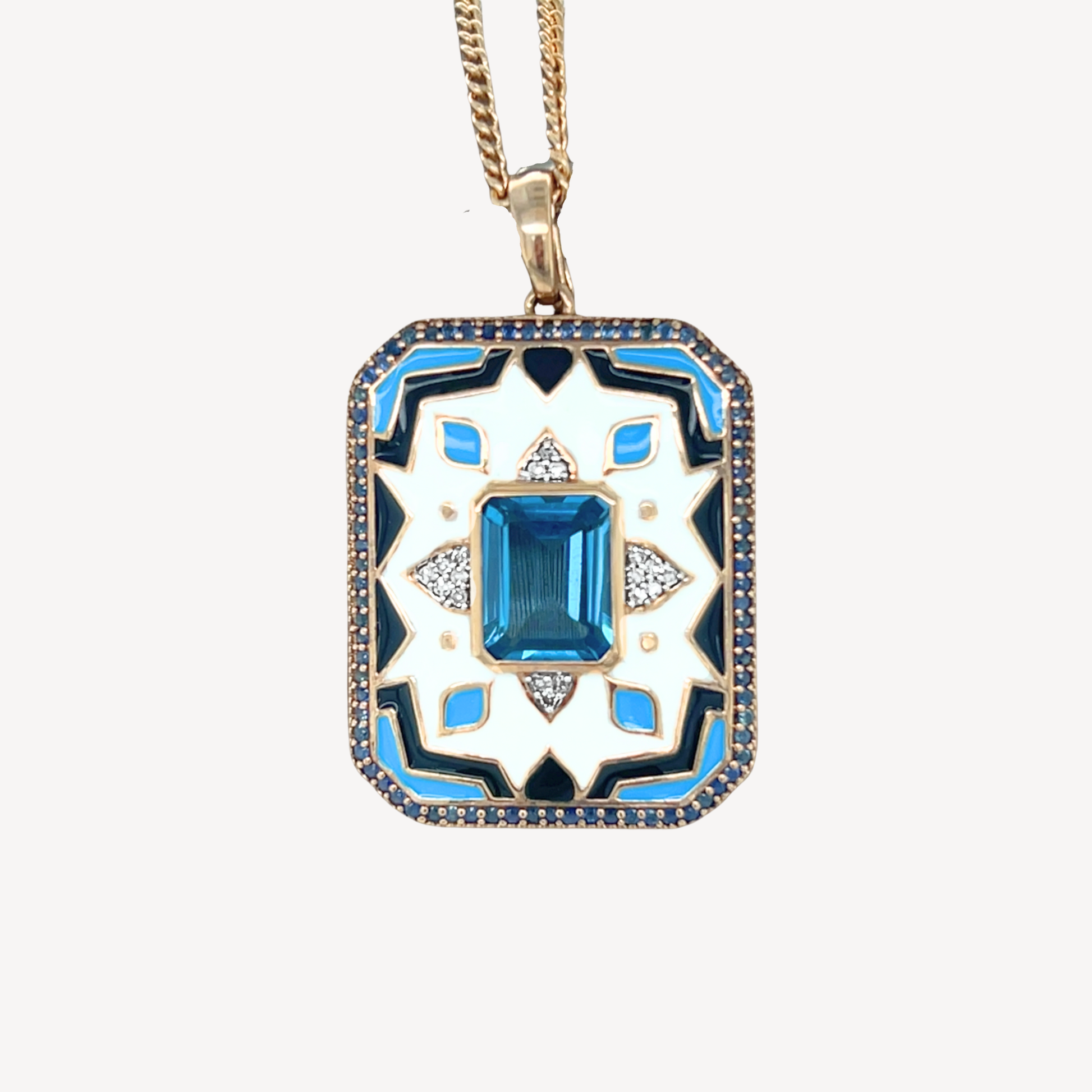 9ct Goddess Pendant with Blue Topaz, Blue Sapphire & Diamond