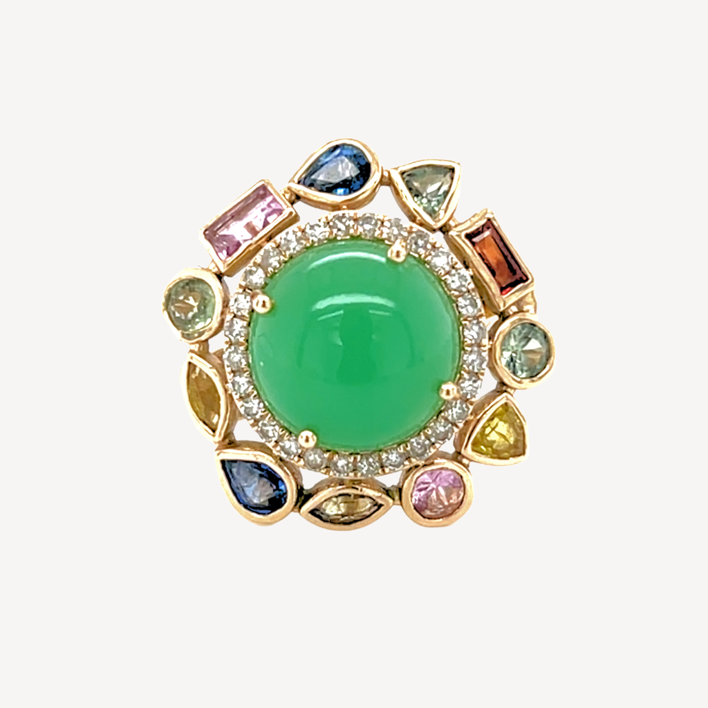 9ct Chrysoprase, Blue Sapphire, Green Sapphire, Orange Sapphire, Pink Sapphire, Diamond With Yellow Gold Ring