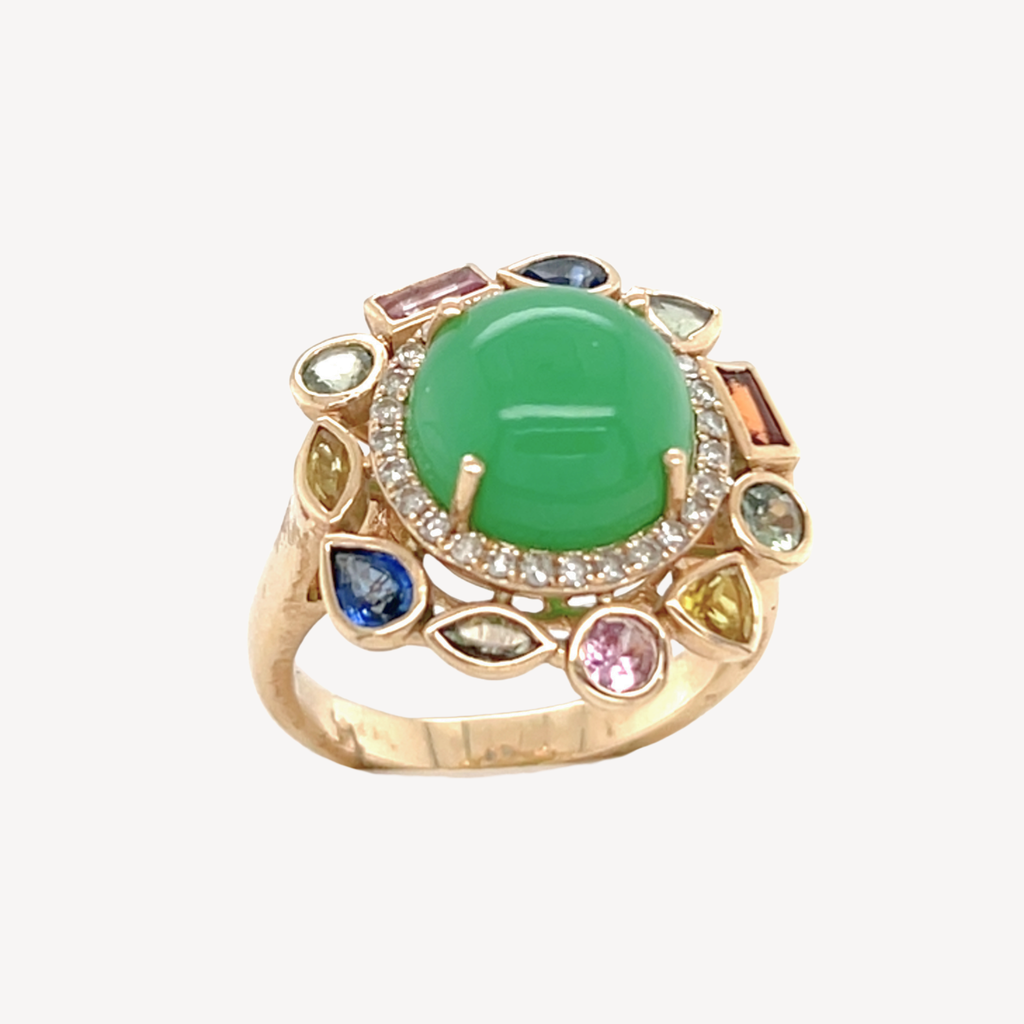 9ct Chrysoprase, Blue Sapphire, Green Sapphire, Orange Sapphire, Pink Sapphire, Diamond With Yellow Gold Ring