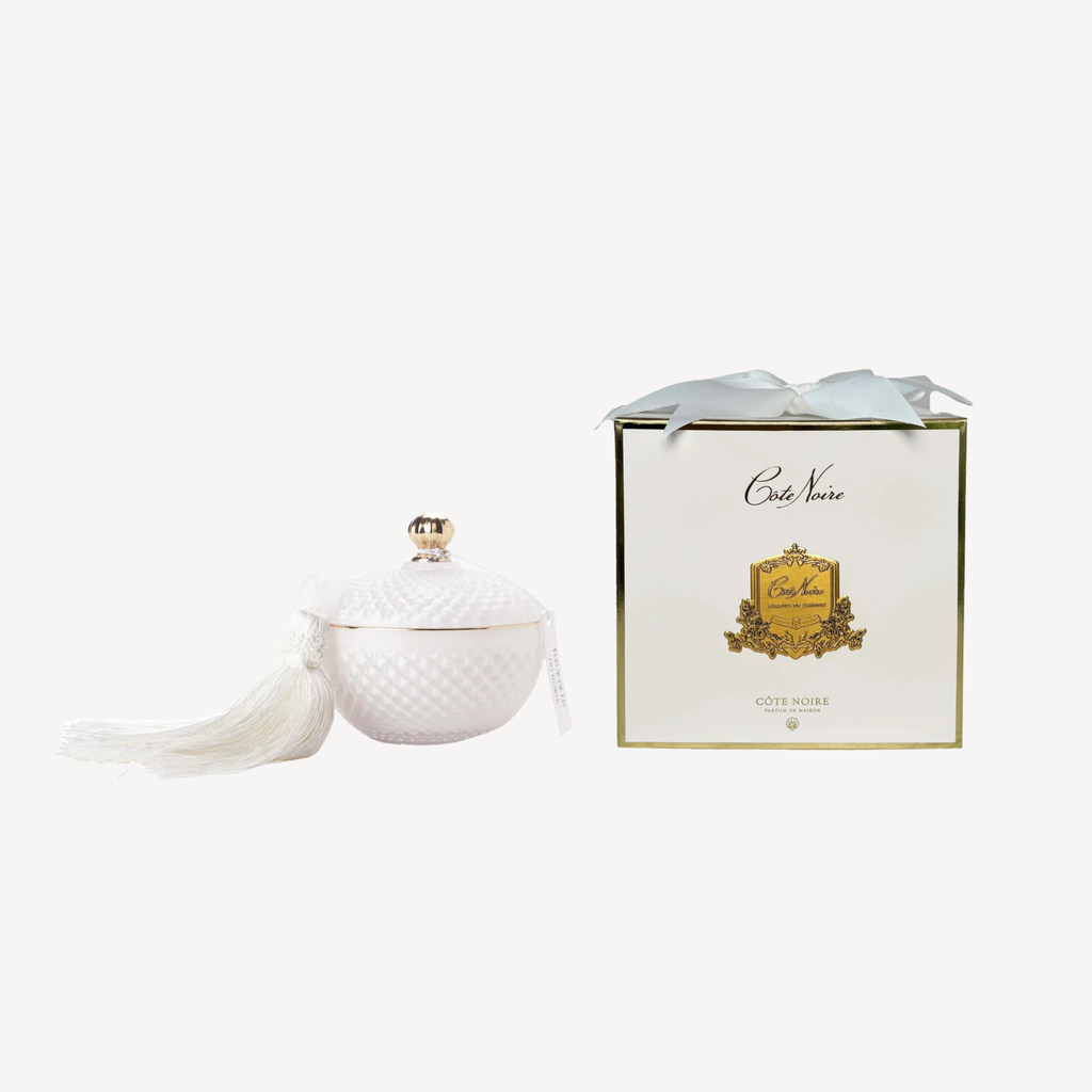 Côte Noire Round Art Deco Candle - White & Gold- Jasmine Flower Tea