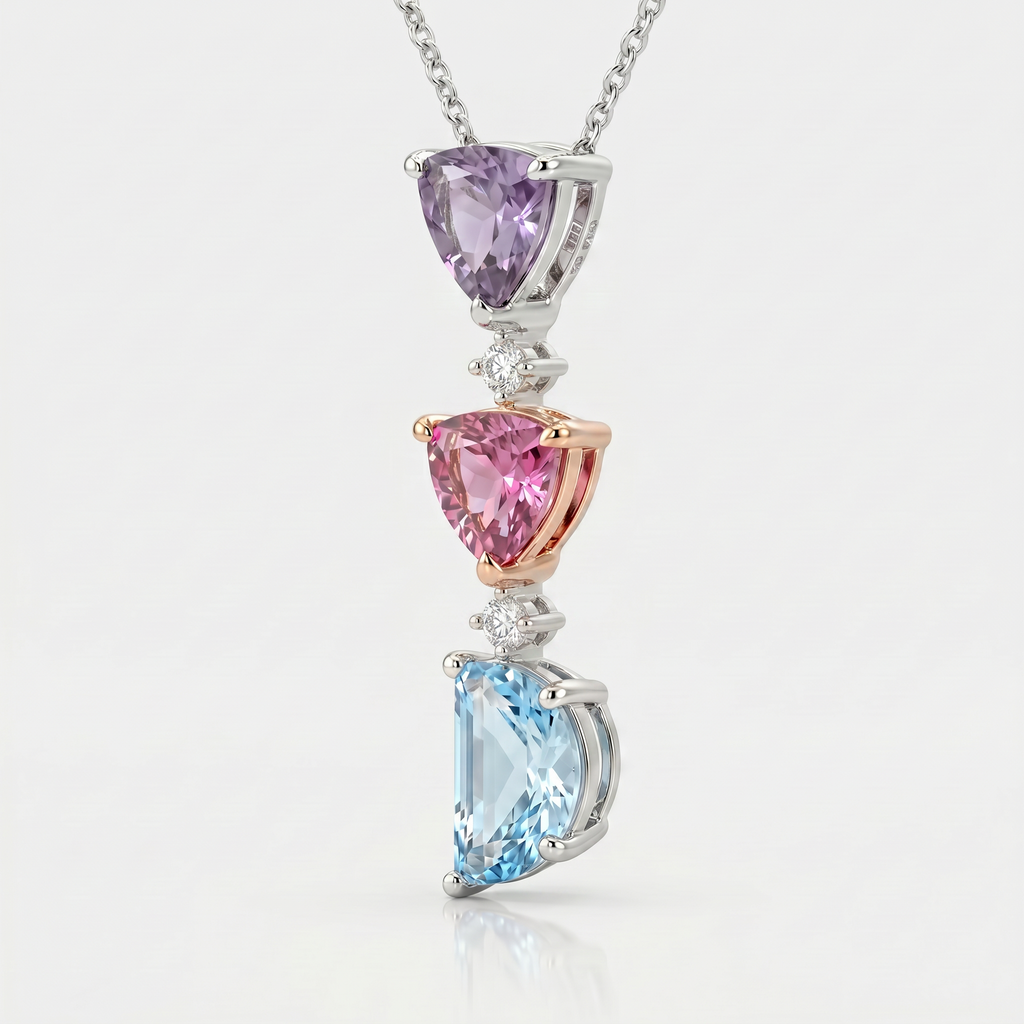 18ct Aquamarine, Garnet, Pink Sapphire & Diamond Pendant