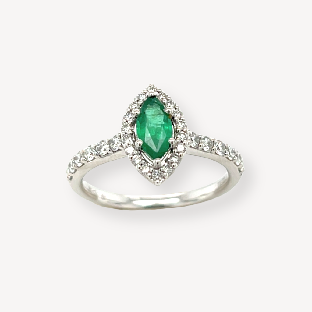18ct White Gold Marquise Emerald and Diamond Ring