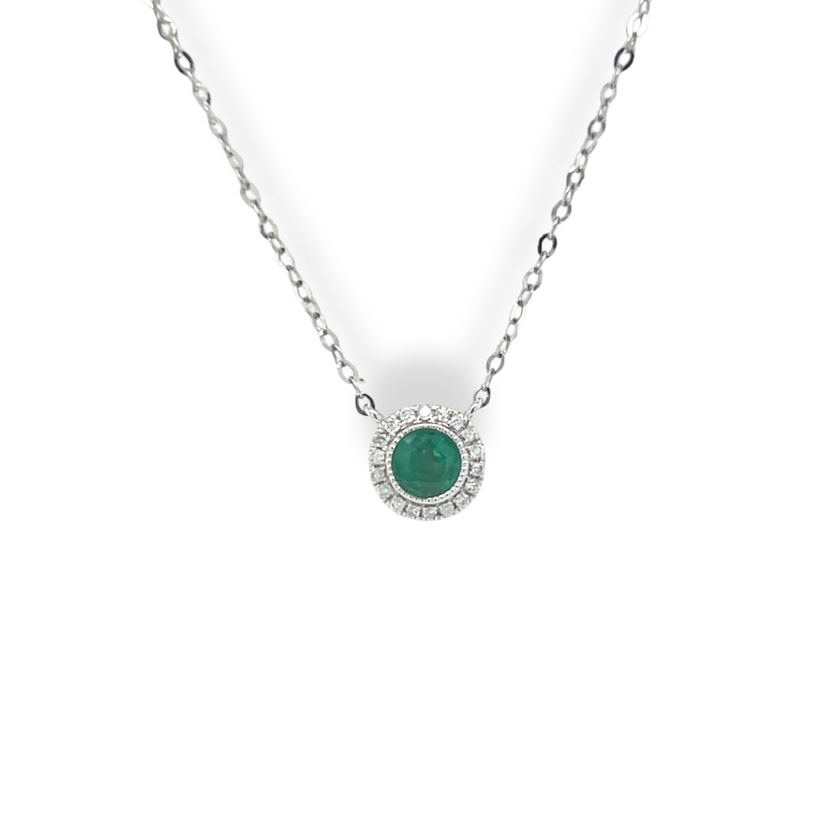 18ct Emerald and Diamond Halo Necklace