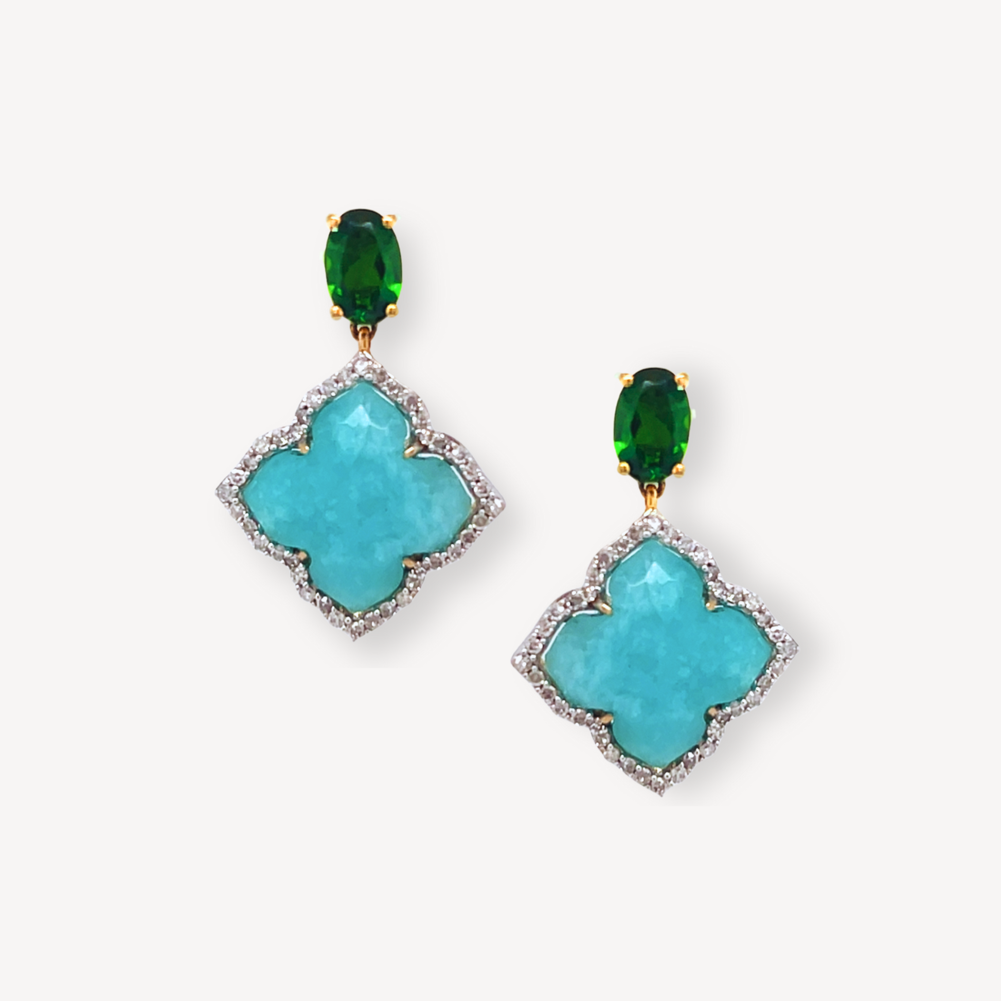 9ct Amazonite, Chrome Diopside & Diamond Earrings