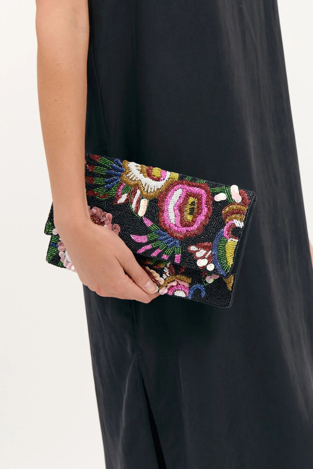 Adorne Rio Floral Beaded Statement Clutch - Black Multi