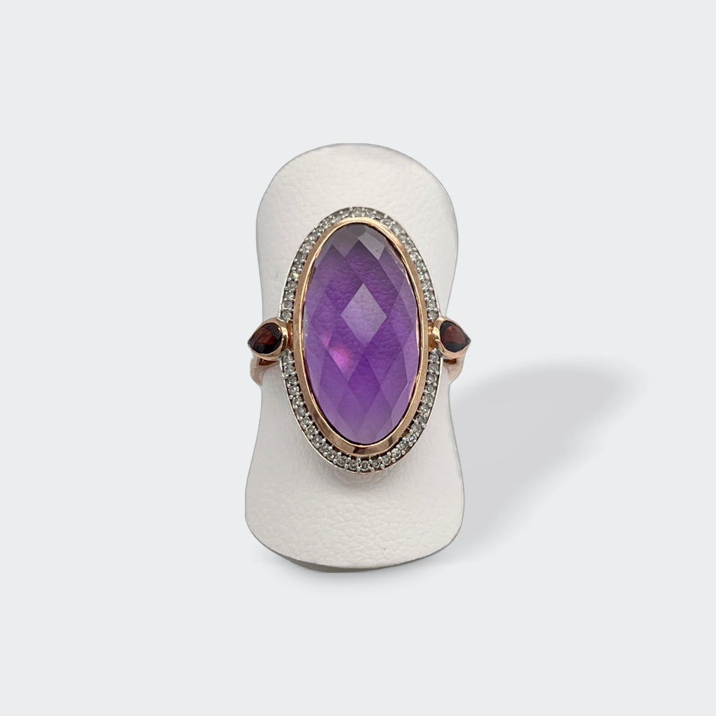 9ct Briolette Amethyst, Garnet and Diamond Ring