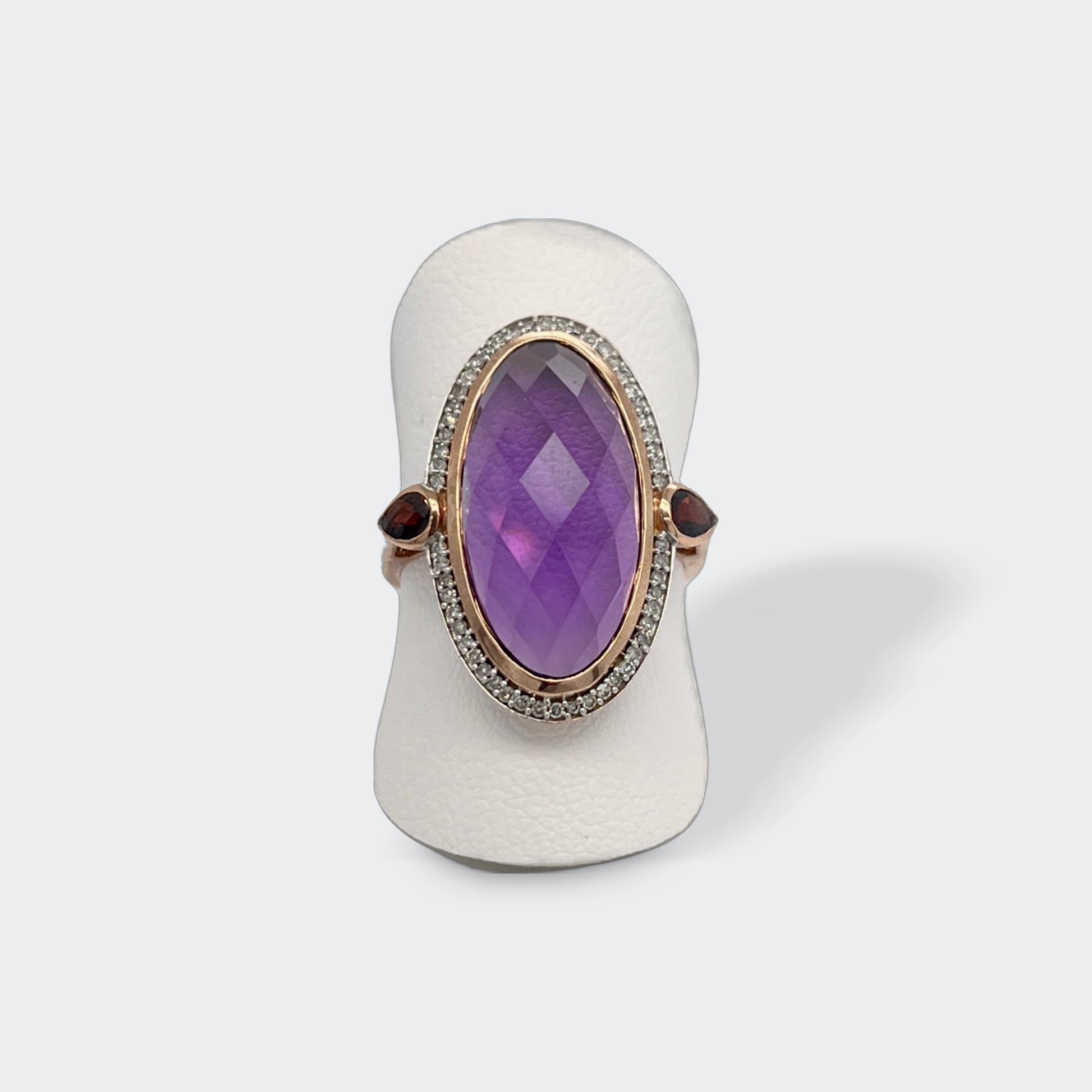 9ct Briolette Amethyst, Garnet and Diamond Ring
