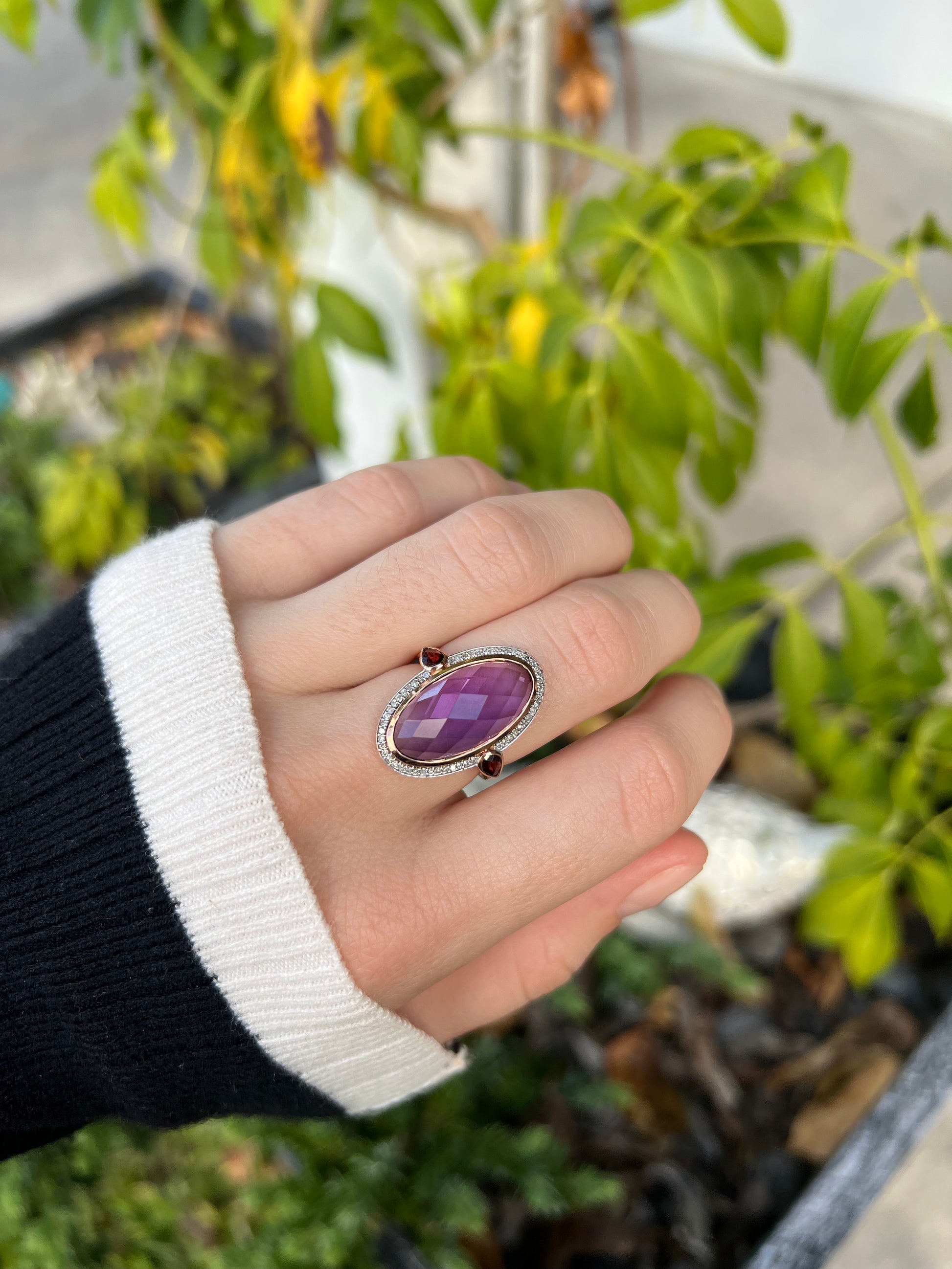 9ct Briolette Amethyst, Garnet and Diamond Ring