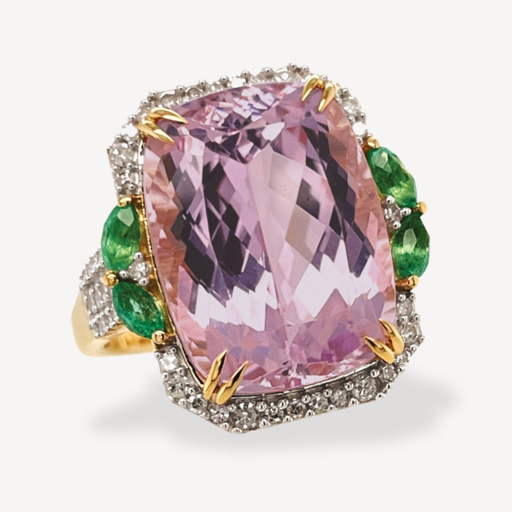 9ct Kunzite, Emerald & Diamond Ring