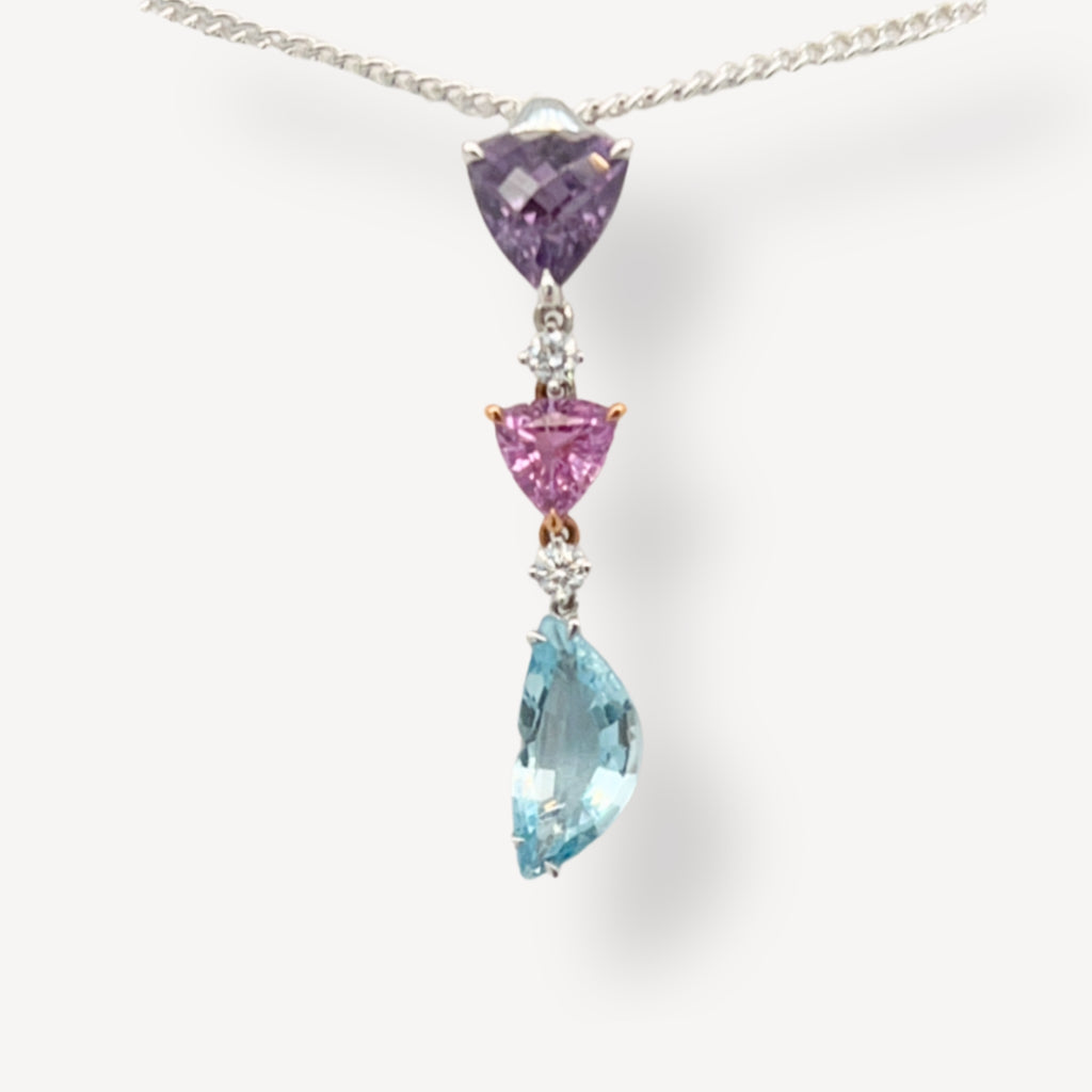 18ct Aquamarine, Garnet, Pink Sapphire & Diamond Pendant