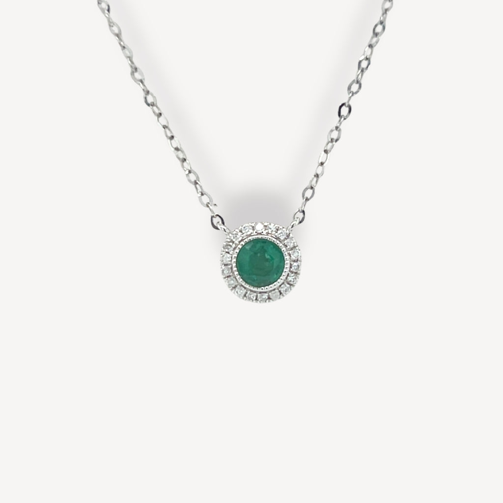 18ct Emerald and Diamond Halo Necklace
